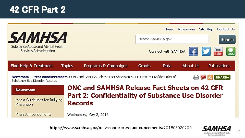 42 CFR Part 2 https: //www. samhsa. gov/newsroom/press-announcements/201805020200 12 