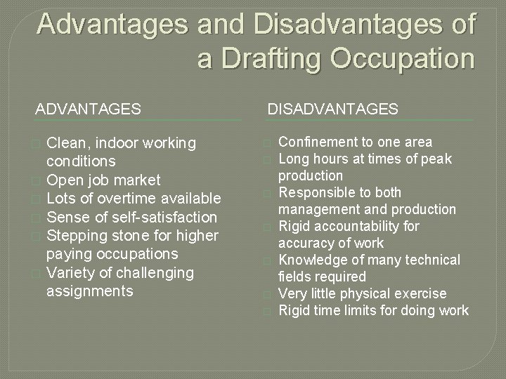 Advantages and Disadvantages of a Drafting Occupation ADVANTAGES � � � Clean, indoor working