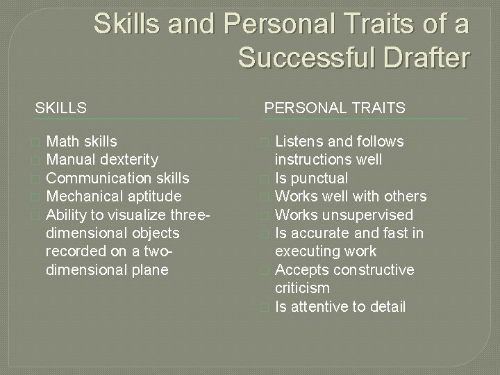 Skills and Personal Traits of a Successful Drafter SKILLS � � � Math skills