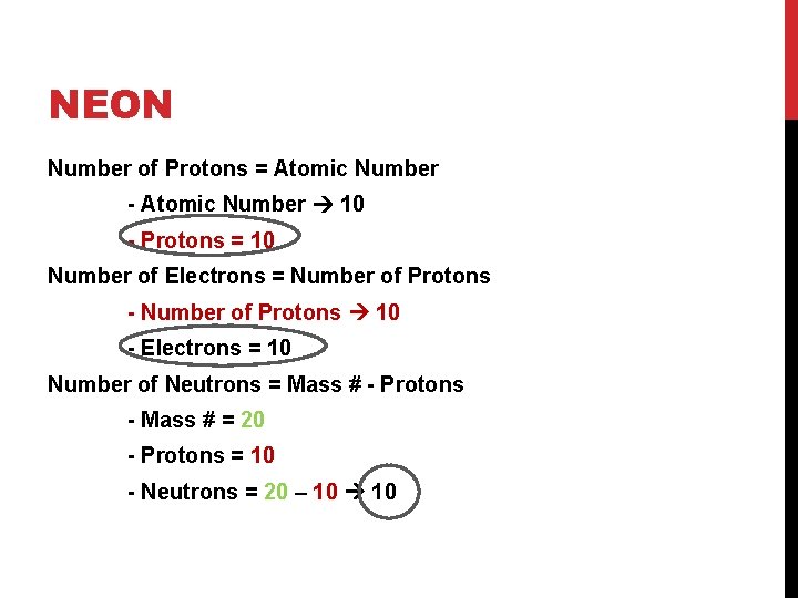 NEON Number of Protons = Atomic Number - Atomic Number 10 - Protons =