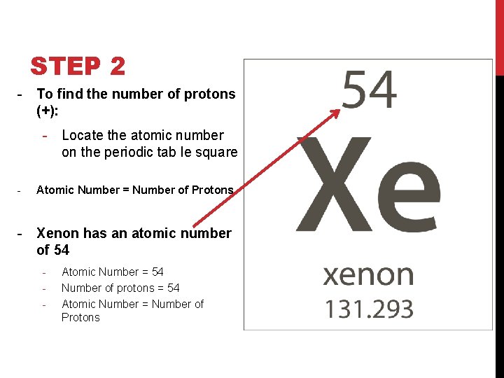 STEP 2 - To find the number of protons (+): - Locate the atomic