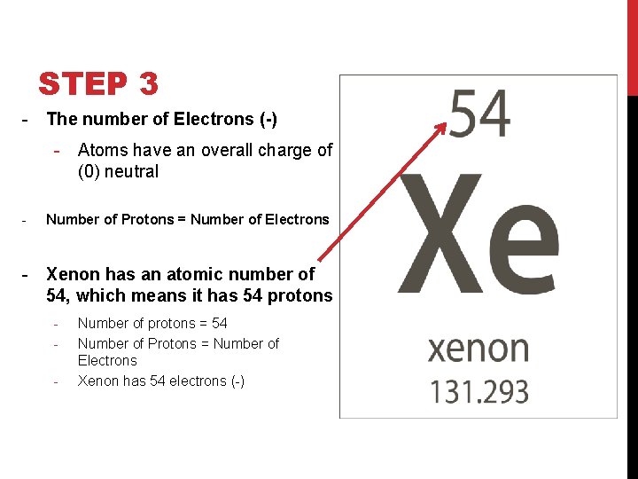 STEP 3 - The number of Electrons (-) - Atoms have an overall charge