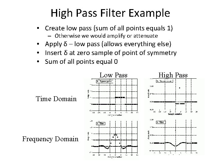High Pass Filter Example • Create low pass (sum of all points equals 1) High Pass Filter Example • Create low pass (sum of all points equals 1)