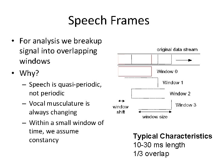 Speech Frames • For analysis we breakup signal into overlapping windows • Why? – Speech Frames • For analysis we breakup signal into overlapping windows • Why? –