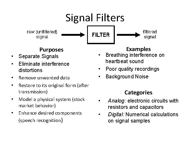 Signal Filters Purposes • Separate Signals • Eliminate interference distortions • Remove unwanted data Signal Filters Purposes • Separate Signals • Eliminate interference distortions • Remove unwanted data
