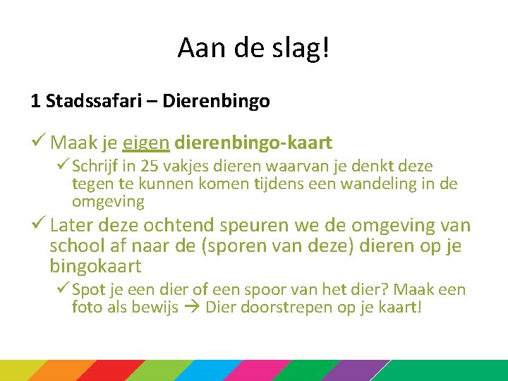 Aan de slag! 1 Stadssafari – Dierenbingo ü Maak je eigen dierenbingo-kaart ü Schrijf