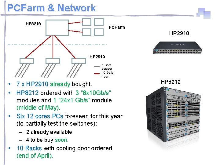 PCFarm & Network HP 8219 PCFarm HP 2910 1 Gb/s copper 10 Gb/s fiber