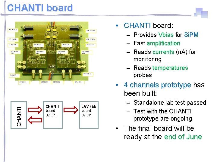 CHANTI board • CHANTI board: – Provides Vbias for Si. PM – Fast amplification