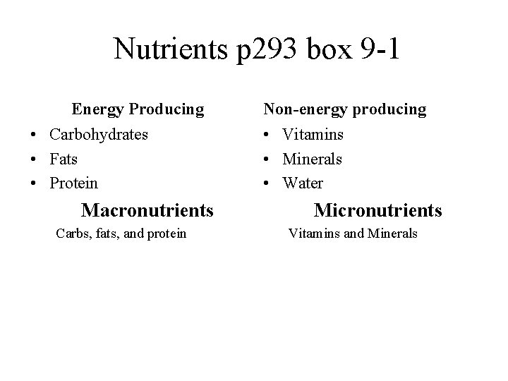Nutrients p 293 box 9 -1 Energy Producing • Carbohydrates • Fats • Protein