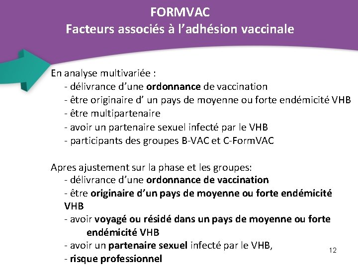 FORMVAC Facteurs associés à l’adhésion vaccinale En analyse multivariée : - délivrance d’une ordonnance