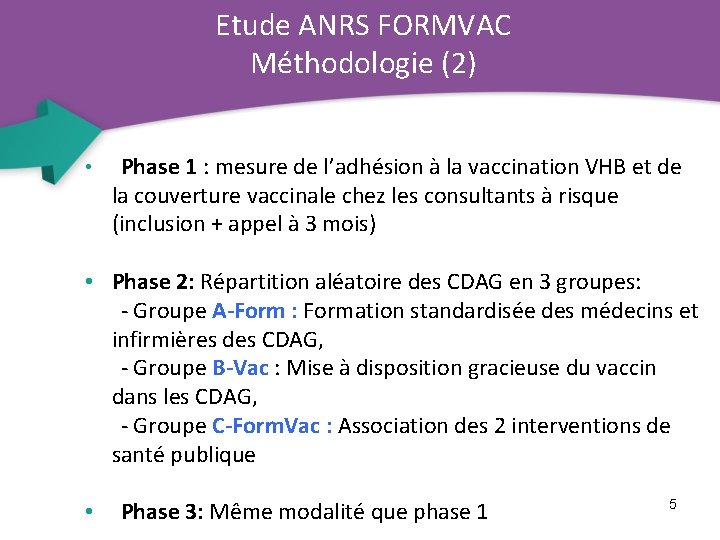 Etude ANRS FORMVAC Méthodologie (2) • Phase 1 : mesure de l’adhésion à la