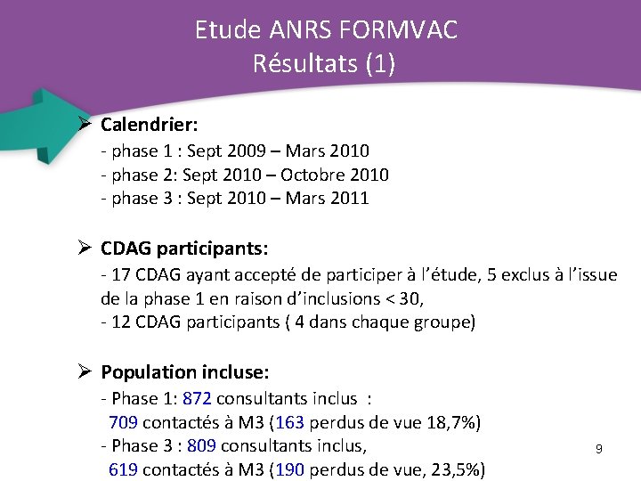 Etude ANRS FORMVAC Résultats (1) Ø Calendrier: - phase 1 : Sept 2009 –