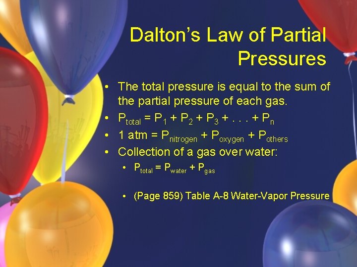 Dalton’s Law of Partial Pressures • The total pressure is equal to the sum