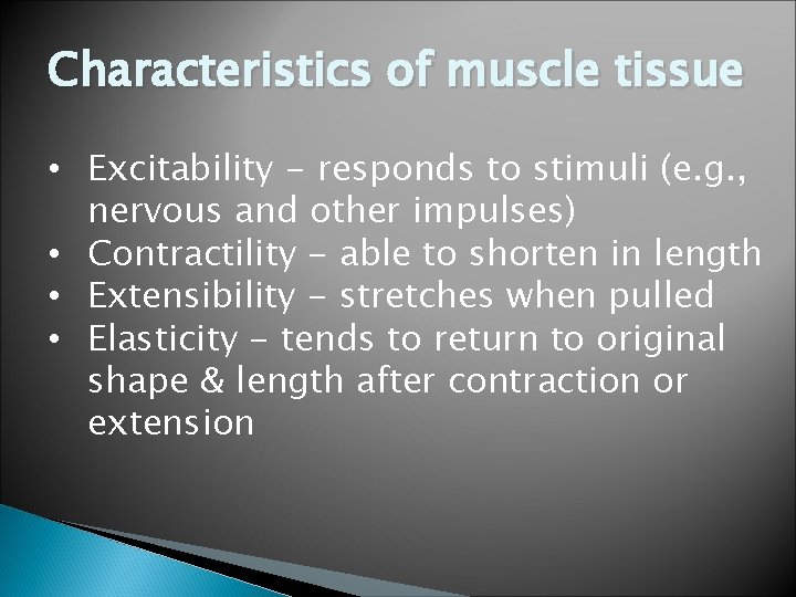 Characteristics of muscle tissue • Excitability - responds to stimuli (e. g. , nervous