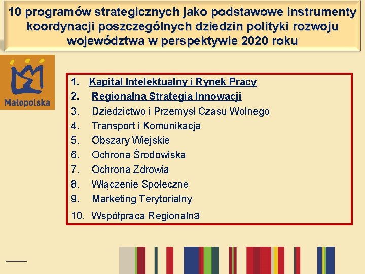 10 programów strategicznych jako podstawowe instrumenty koordynacji poszczególnych dziedzin polityki rozwoju województwa w perspektywie