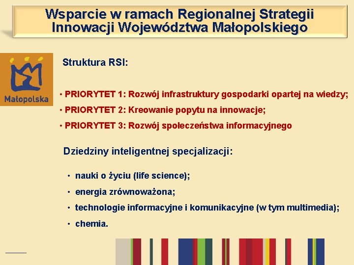 Wsparcie w ramach Regionalnej Strategii Innowacji Województwa Małopolskiego Struktura RSI: • PRIORYTET 1: Rozwój