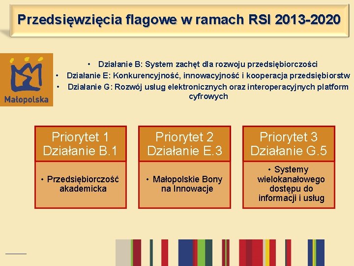 Przedsięwzięcia flagowe w ramach RSI 2013 -2020 • Działanie B: System zachęt dla rozwoju