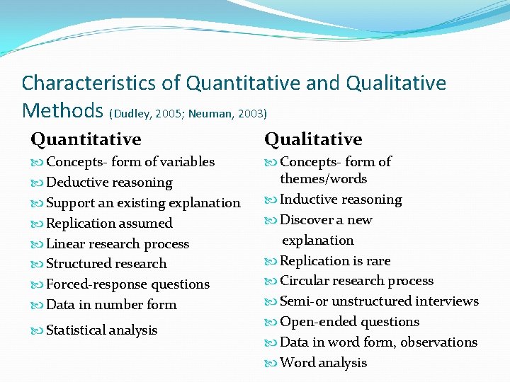 Characteristics of Quantitative and Qualitative Methods (Dudley, 2005; Neuman, 2003) Quantitative Qualitative Concepts- form