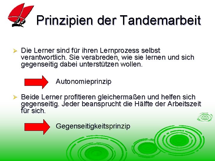 Prinzipien der Tandemarbeit Ø Die Lerner sind für ihren Lernprozess selbst verantwortlich. Sie verabreden,