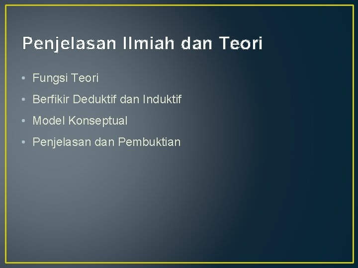 Penjelasan Ilmiah dan Teori • Fungsi Teori • Berfikir Deduktif dan Induktif • Model