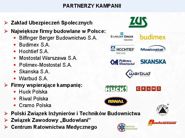 PARTNERZY KAMPANII Ø Zakład Ubezpieczeń Społecznych Ø Największe firmy budowlane w Polsce: § Bilfinger