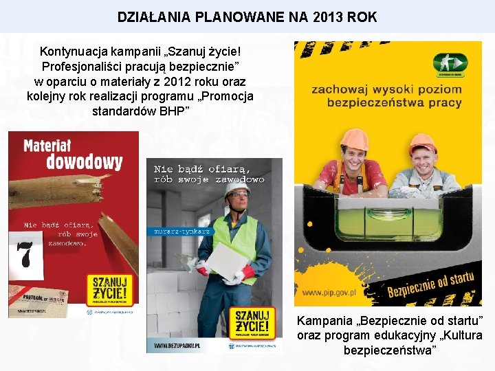 DZIAŁANIA PLANOWANE NA 2013 ROK Kontynuacja kampanii „Szanuj życie! Profesjonaliści pracują bezpiecznie” w oparciu