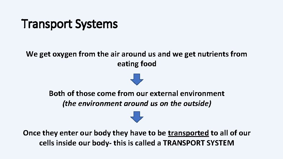 Transport Systems We get oxygen from the air around us and we get nutrients