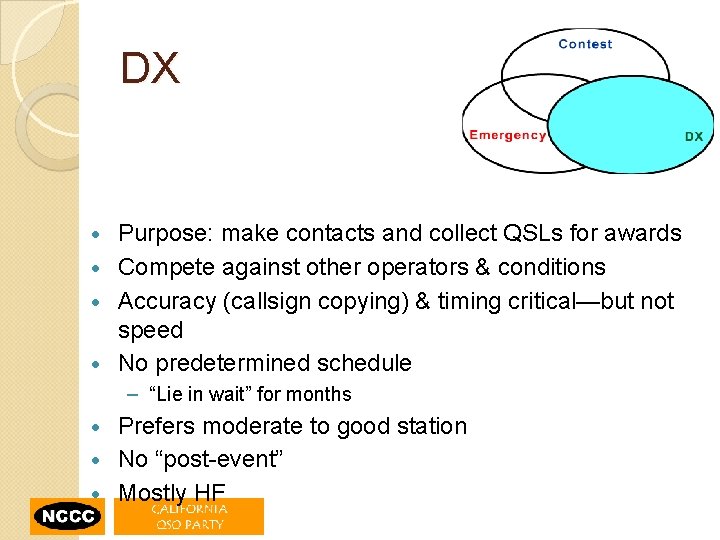 DX Purpose: make contacts and collect QSLs for awards • Compete against other operators