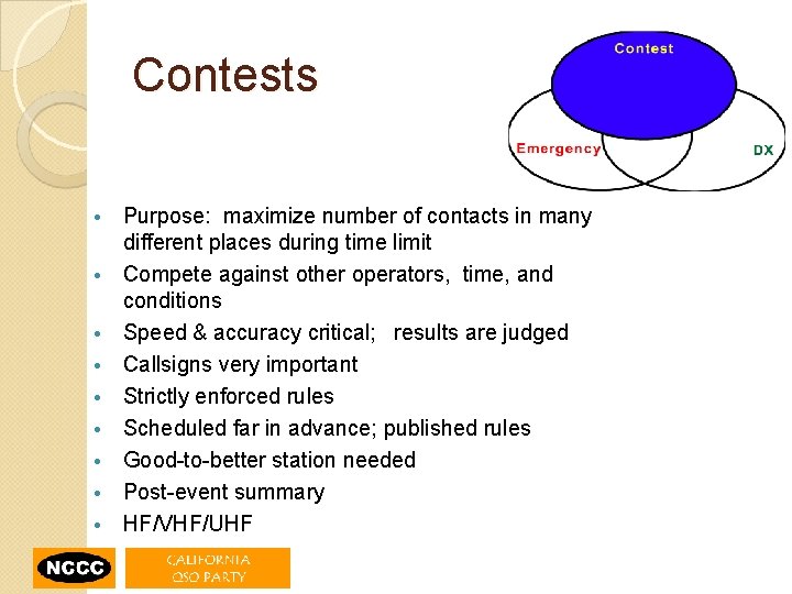 Contests • • • Purpose: maximize number of contacts in many different places during