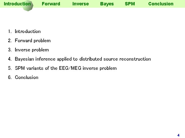 Introduction Forward Inverse Bayes SPM Conclusion 1. Introduction 2. Forward problem 3. Inverse problem