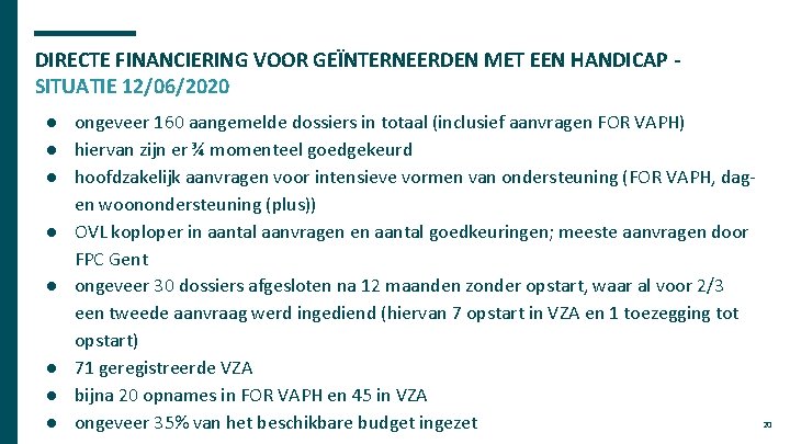 DIRECTE FINANCIERING VOOR GEÏNTERNEERDEN MET EEN HANDICAP SITUATIE 12/06/2020 ● ongeveer 160 aangemelde dossiers