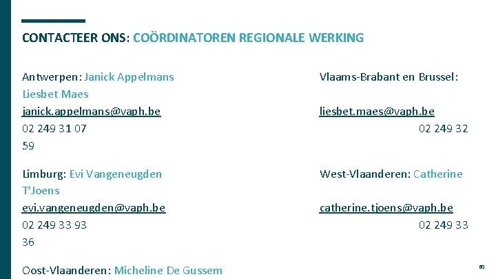 CONTACTEER ONS: COÖRDINATOREN REGIONALE WERKING Antwerpen: Janick Appelmans Liesbet Maes janick. appelmans@vaph. be 02