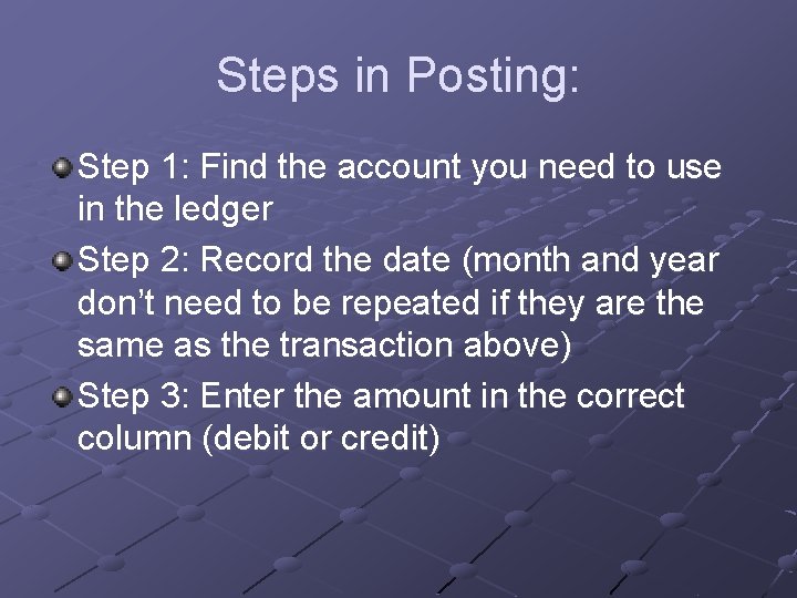 Steps in Posting: Step 1: Find the account you need to use in the