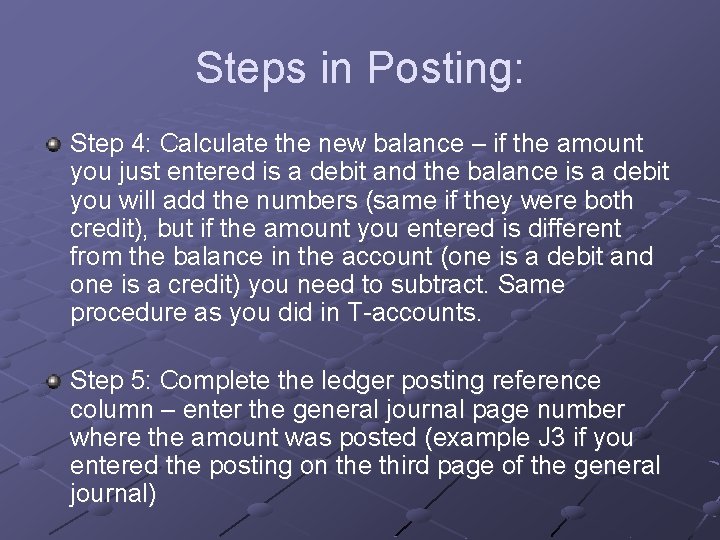Steps in Posting: Step 4: Calculate the new balance – if the amount you