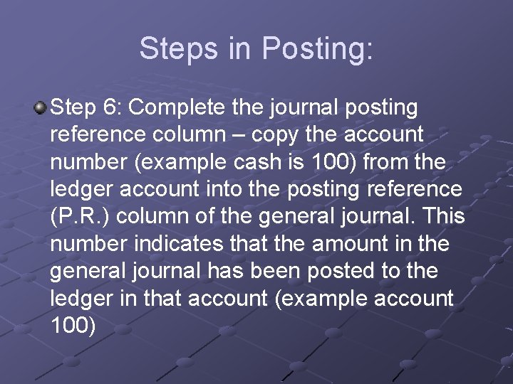 Steps in Posting: Step 6: Complete the journal posting reference column – copy the