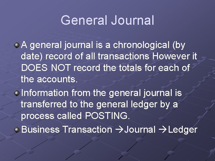 General Journal A general journal is a chronological (by date) record of all transactions