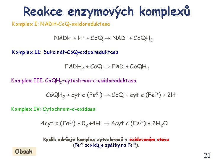 Reakce enzymových komplexů Komplex I: NADH-Co. Q-oxidoreduktasa NADH + H+ + Co. Q →