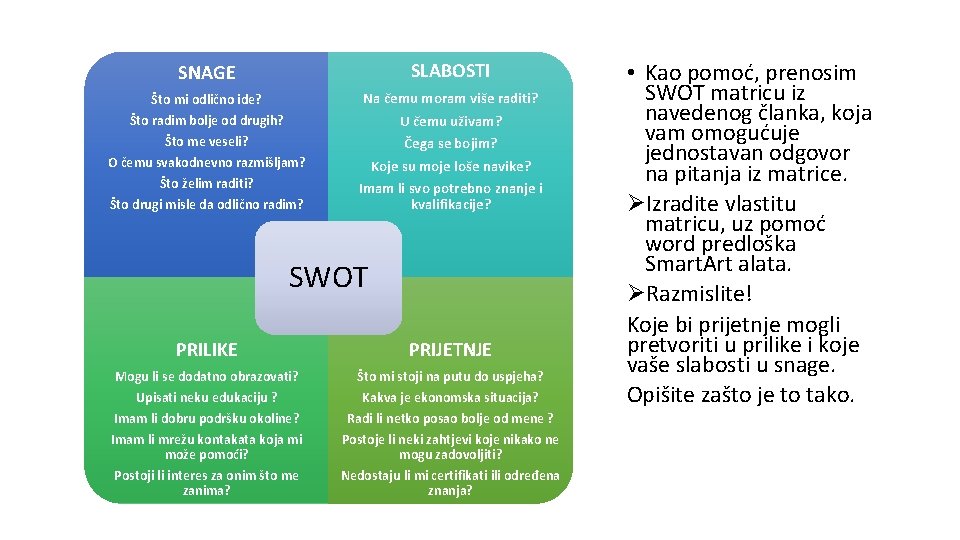 SNAGE SLABOSTI Što mi odlično ide? Na čemu moram više raditi? U čemu uživam?