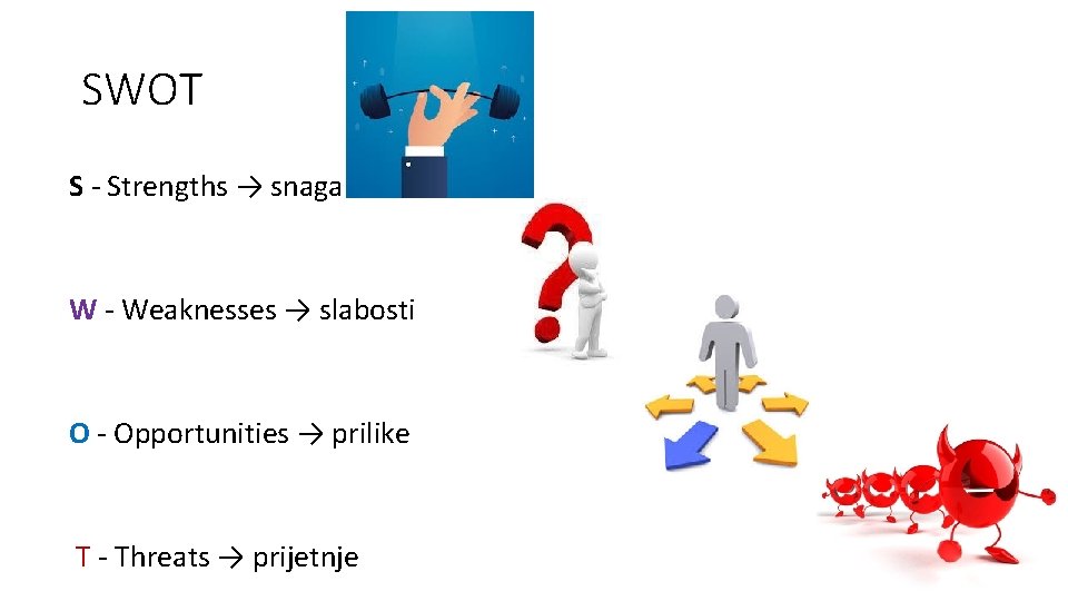 SWOT S - Strengths → snaga W - Weaknesses → slabosti O - Opportunities