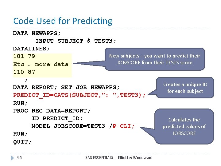 Code Used for Predicting DATA NEWAPPS; INPUT SUBJECT $ TEST 3; DATALINES; New subjects