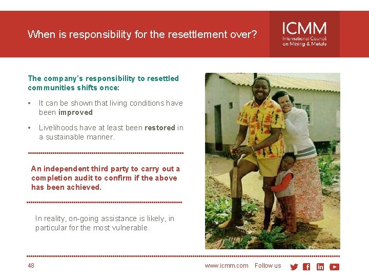 When is responsibility for the resettlement over? The company’s responsibility to resettled communities shifts