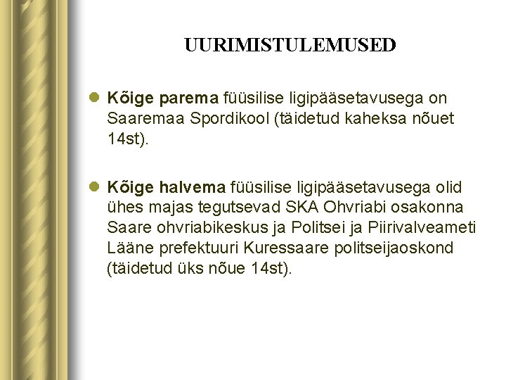 UURIMISTULEMUSED l Kõige parema füüsilise ligipääsetavusega on Saaremaa Spordikool (täidetud kaheksa nõuet 14 st).