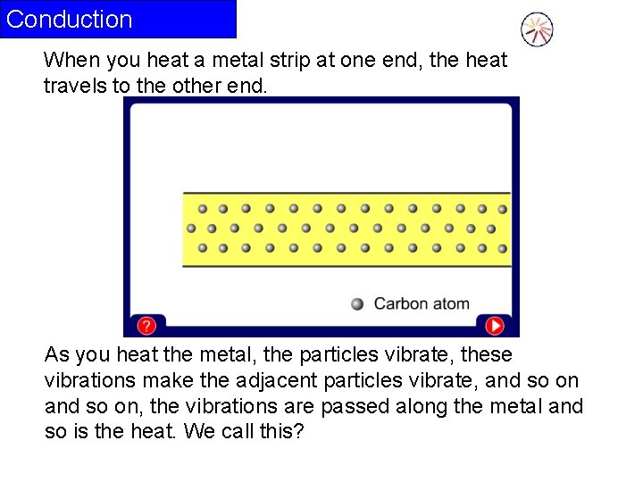 Conduction When you heat a metal strip at one end, the heat travels to