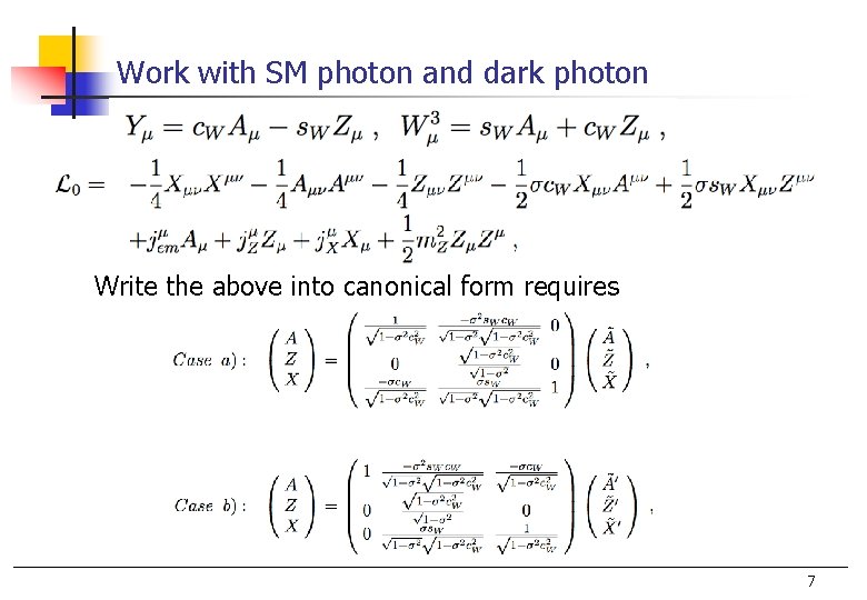 Work with SM photon and dark photon Write the above into canonical form requires