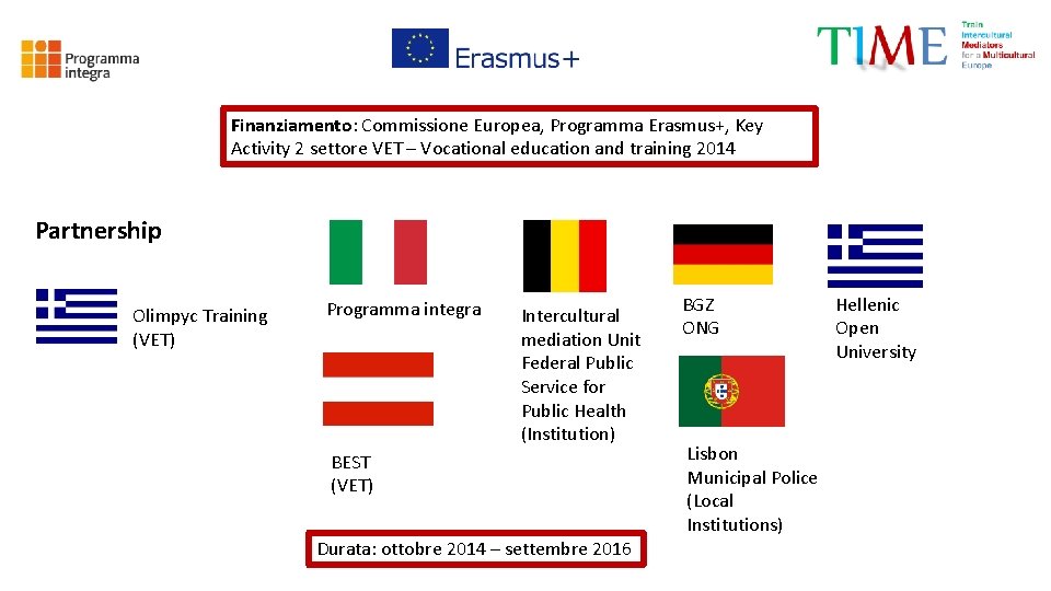 Finanziamento: Commissione Europea, Programma Erasmus+, Key Activity 2 settore VET – Vocational education and