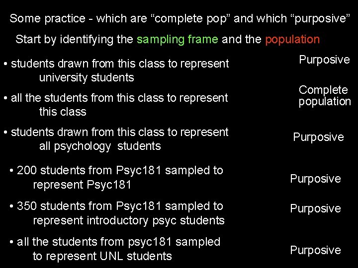 Some practice - which are “complete pop” and which “purposive” Start by identifying the