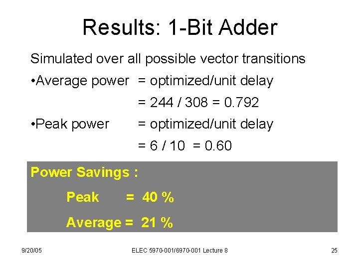 Results: 1 -Bit Adder Simulated over all possible vector transitions • Average power =