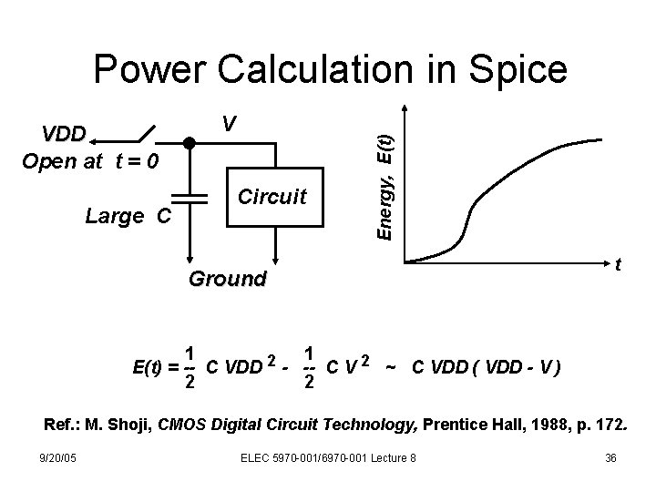 VDD Open at t = 0 Large C V Circuit Energy, E(t) Power Calculation