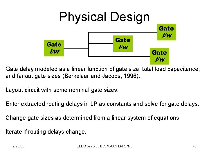 Physical Design Gate l/w l/w Gate delay modeled as a linear function of gate