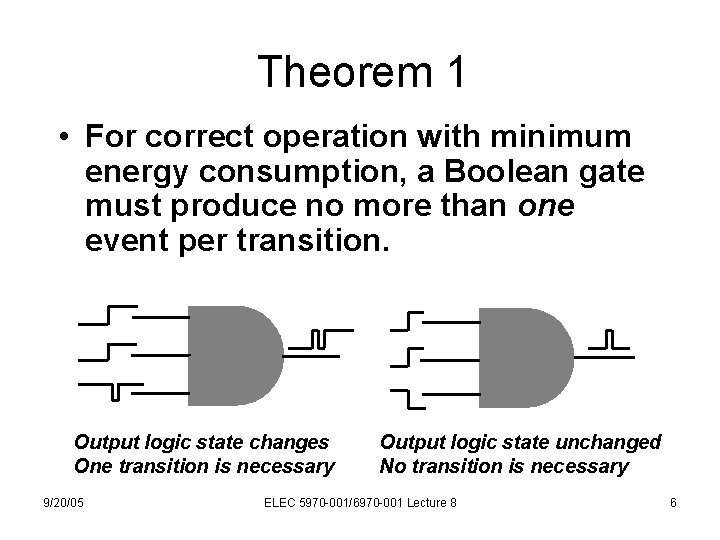 Theorem 1 • For correct operation with minimum energy consumption, a Boolean gate must